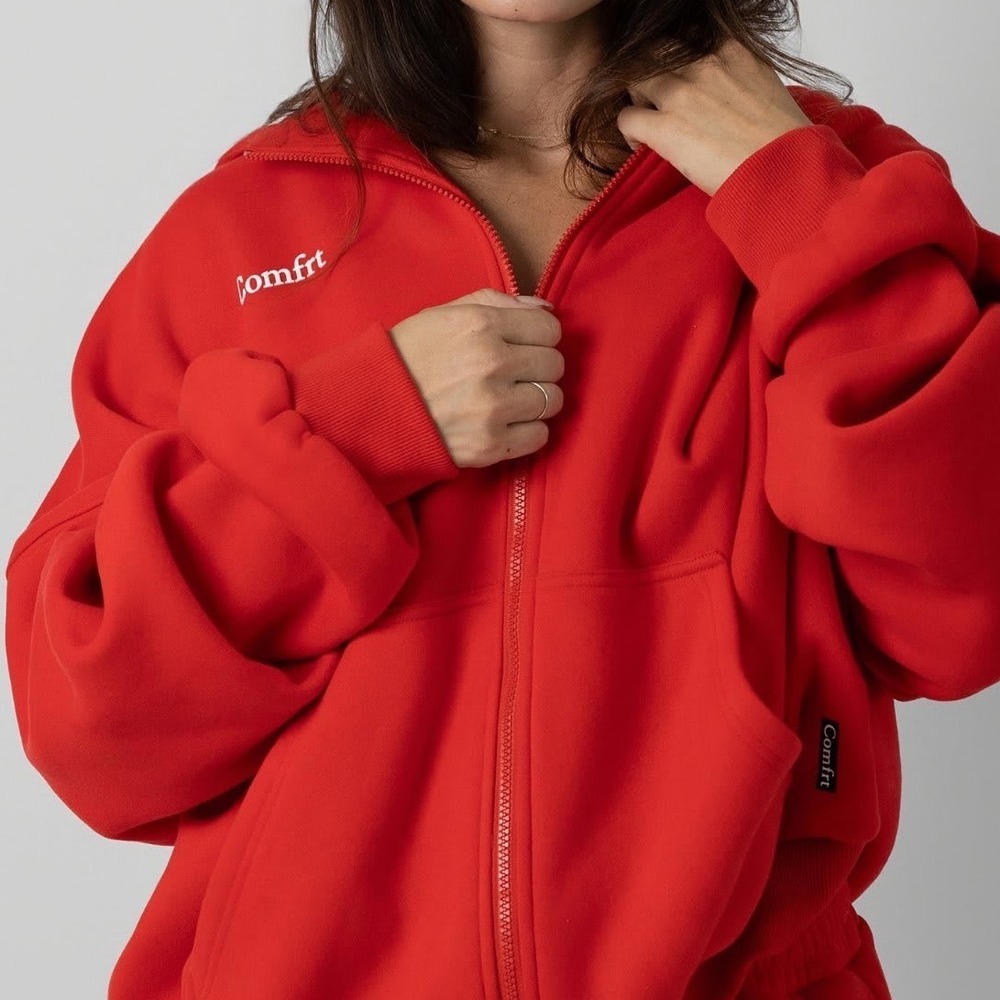 Comfrt Red Oversized Full Zip Hoodie Fleece Lined Sweatshirt XXS